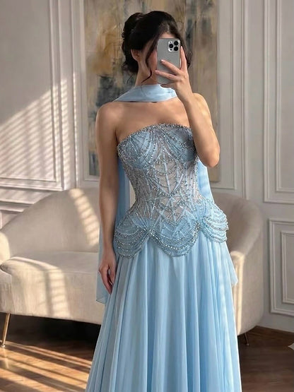 Luxury Designer Nude Beaded Chiffon Evening Dress LA72915