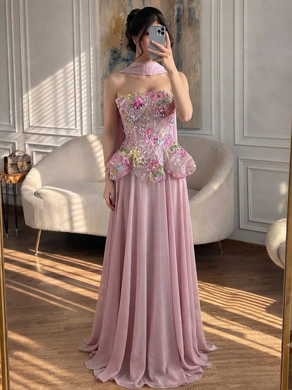 Luxury Pink Strapless Floral Beaded Peplum Evening Dress LA72915A