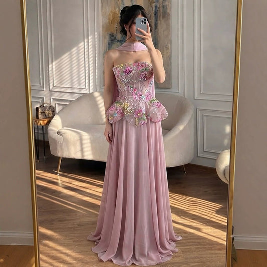 Luxury Pink Strapless Floral Beaded Peplum Evening Dress LA72915A