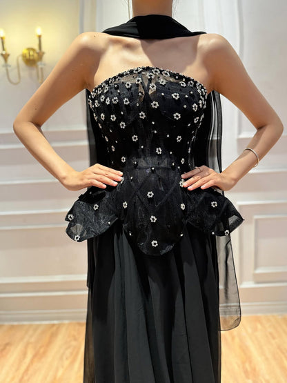 Luxury Black Strapless Beaded Peplum A-Line Evening Dress LA72915B