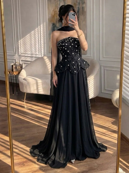 Luxury Black Strapless Beaded Peplum A-Line Evening Dress LA72915B