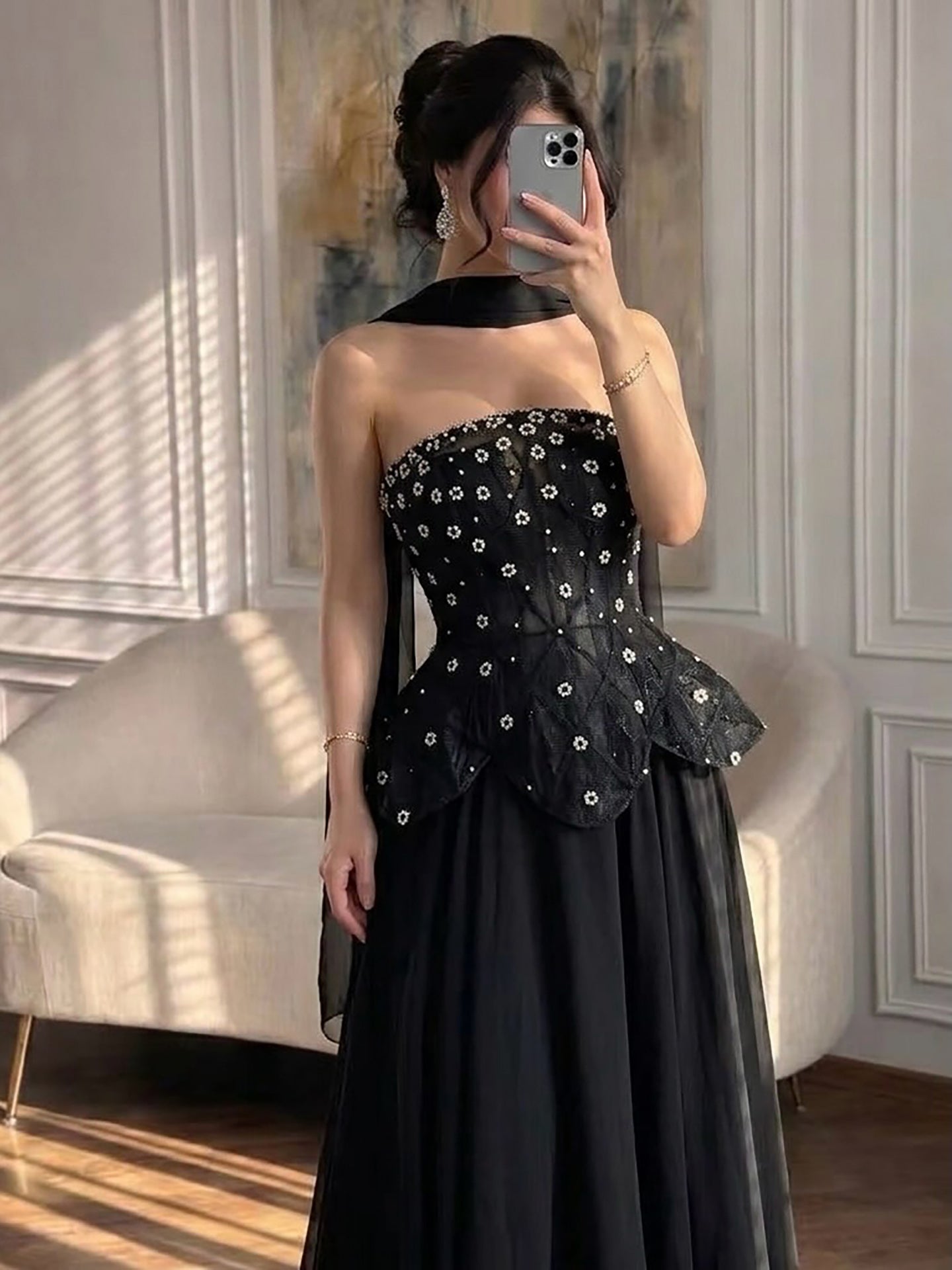 Luxury Black Strapless Beaded Peplum A-Line Evening Dress LA72915B