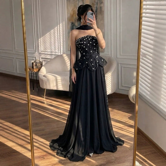 Luxury Black Strapless Beaded Peplum A-Line Evening Dress LA72915B
