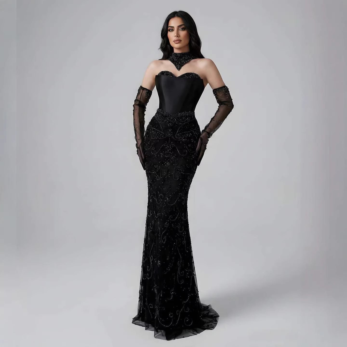 Luxury Beaded   Evening Dress Sheer Long Gloves LA72929