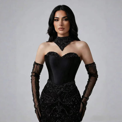 Luxury Beaded   Evening Dress Sheer Long Gloves LA72929