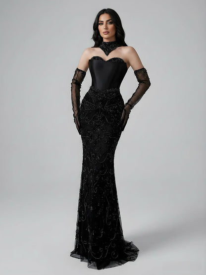 Luxury Beaded   Evening Dress Sheer Long Gloves LA72929