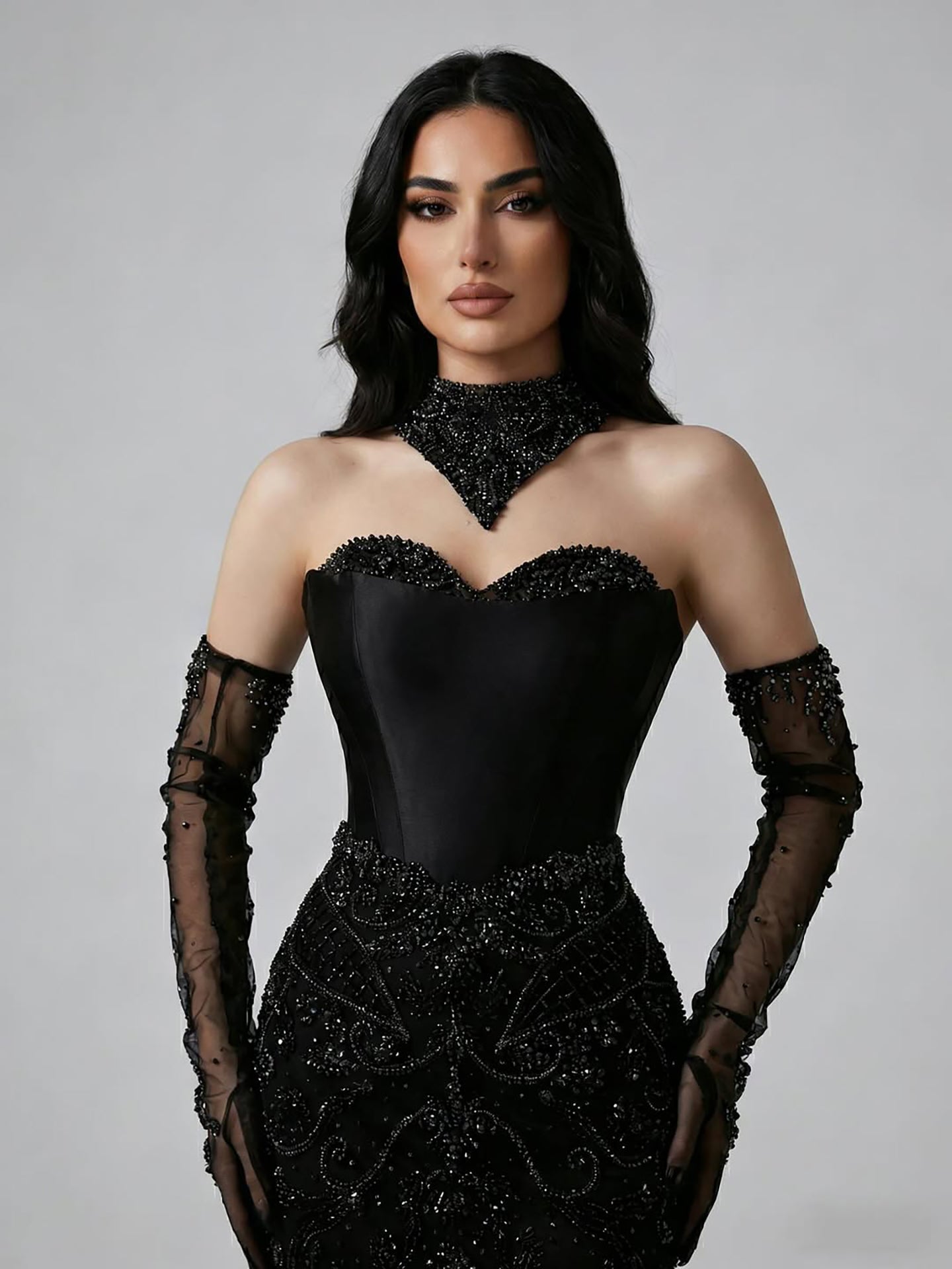 Luxury Beaded   Evening Dress Sheer Long Gloves LA72929