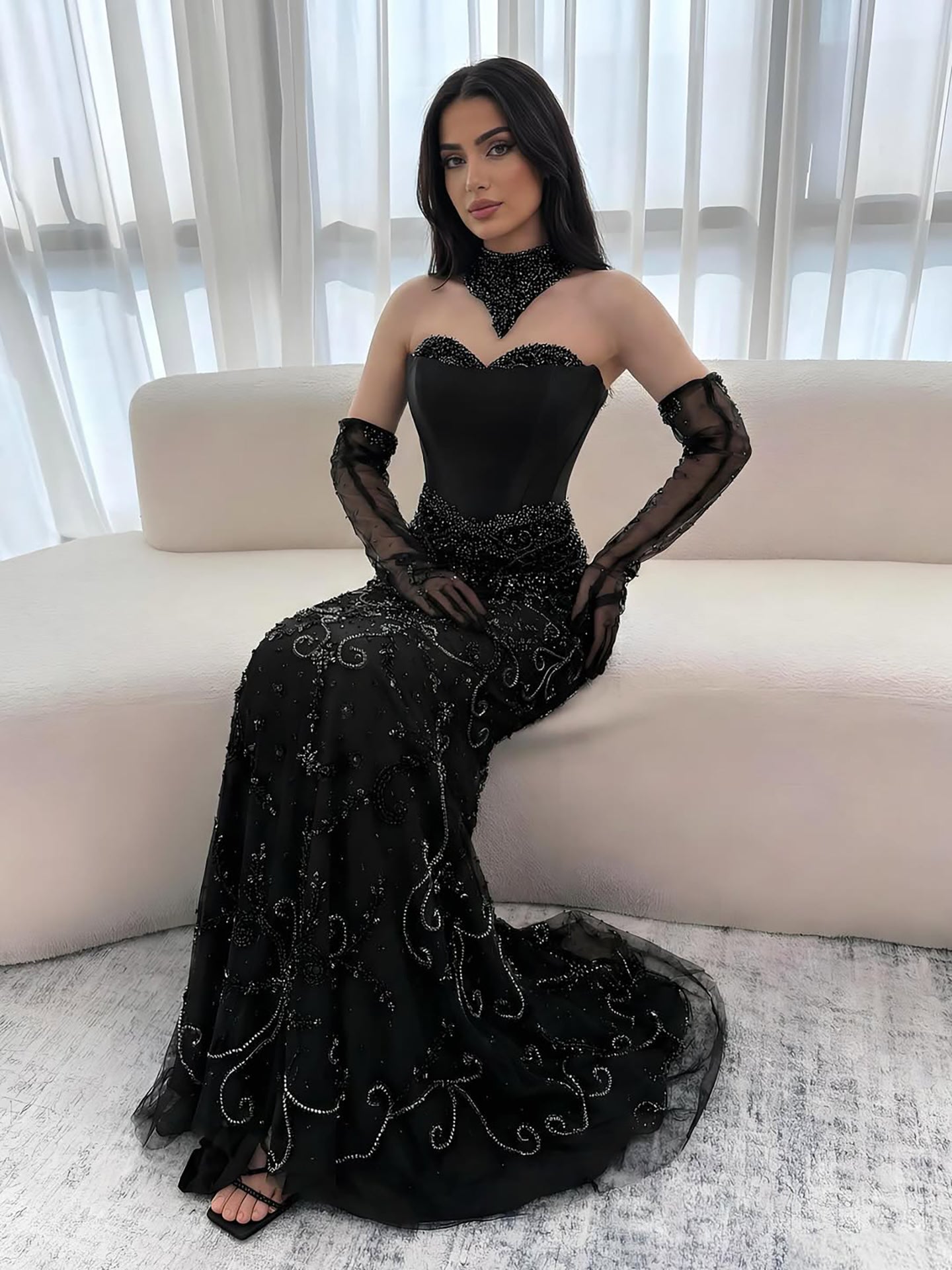 Luxury Beaded   Evening Dress Sheer Long Gloves LA72929