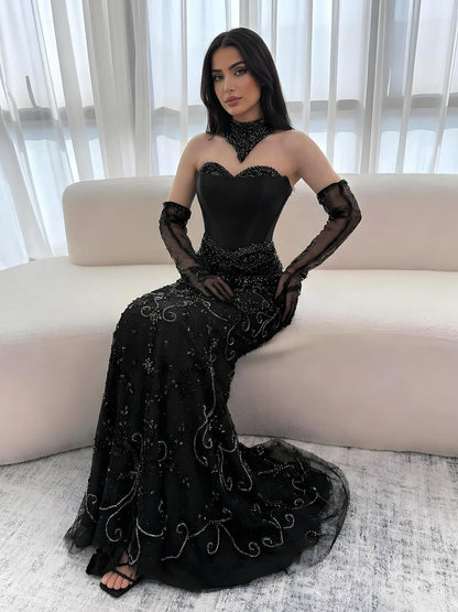 Luxury Beaded   Evening Dress Sheer Long Gloves LA72929