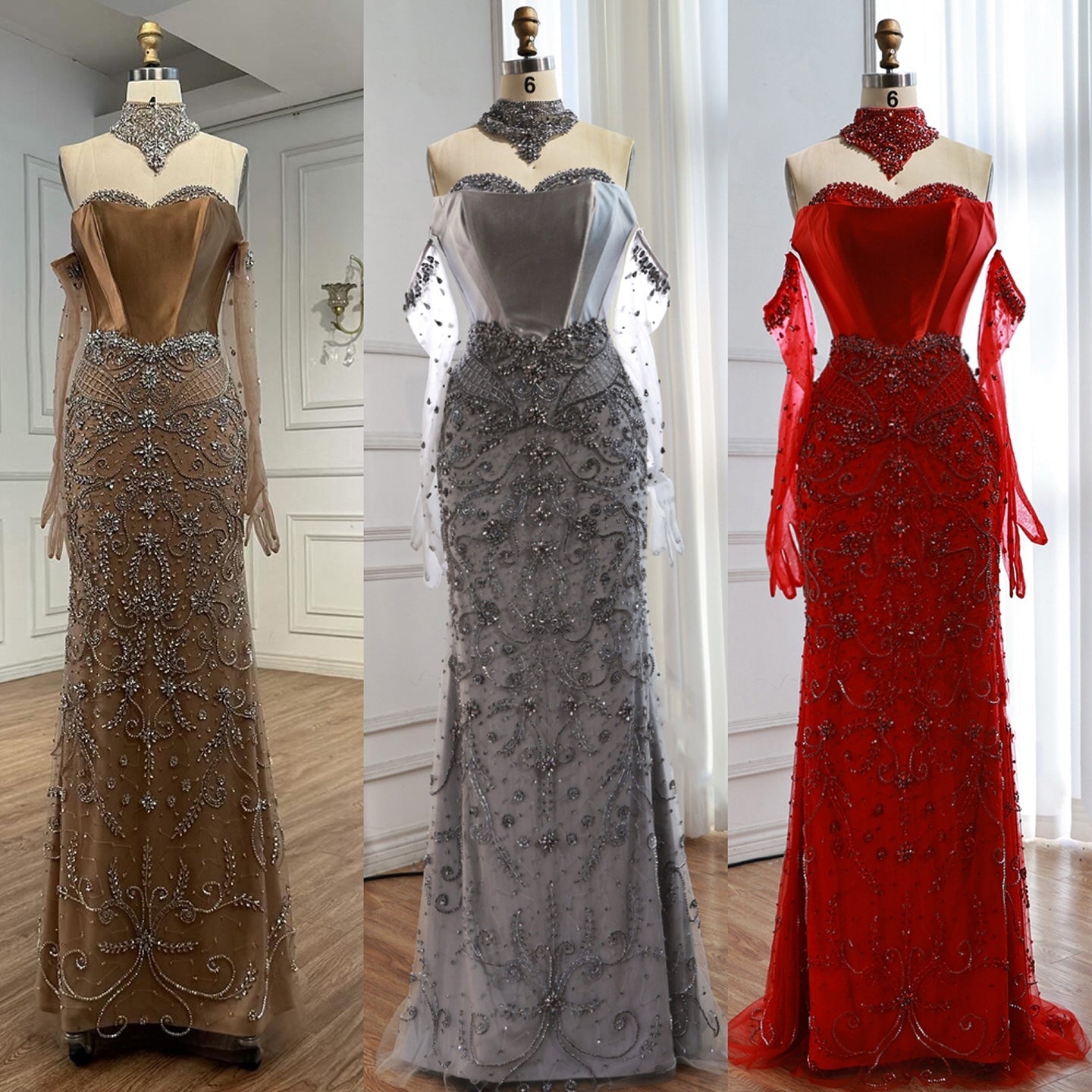 Luxury Beaded   Evening Dress Sheer Long Gloves LA72929