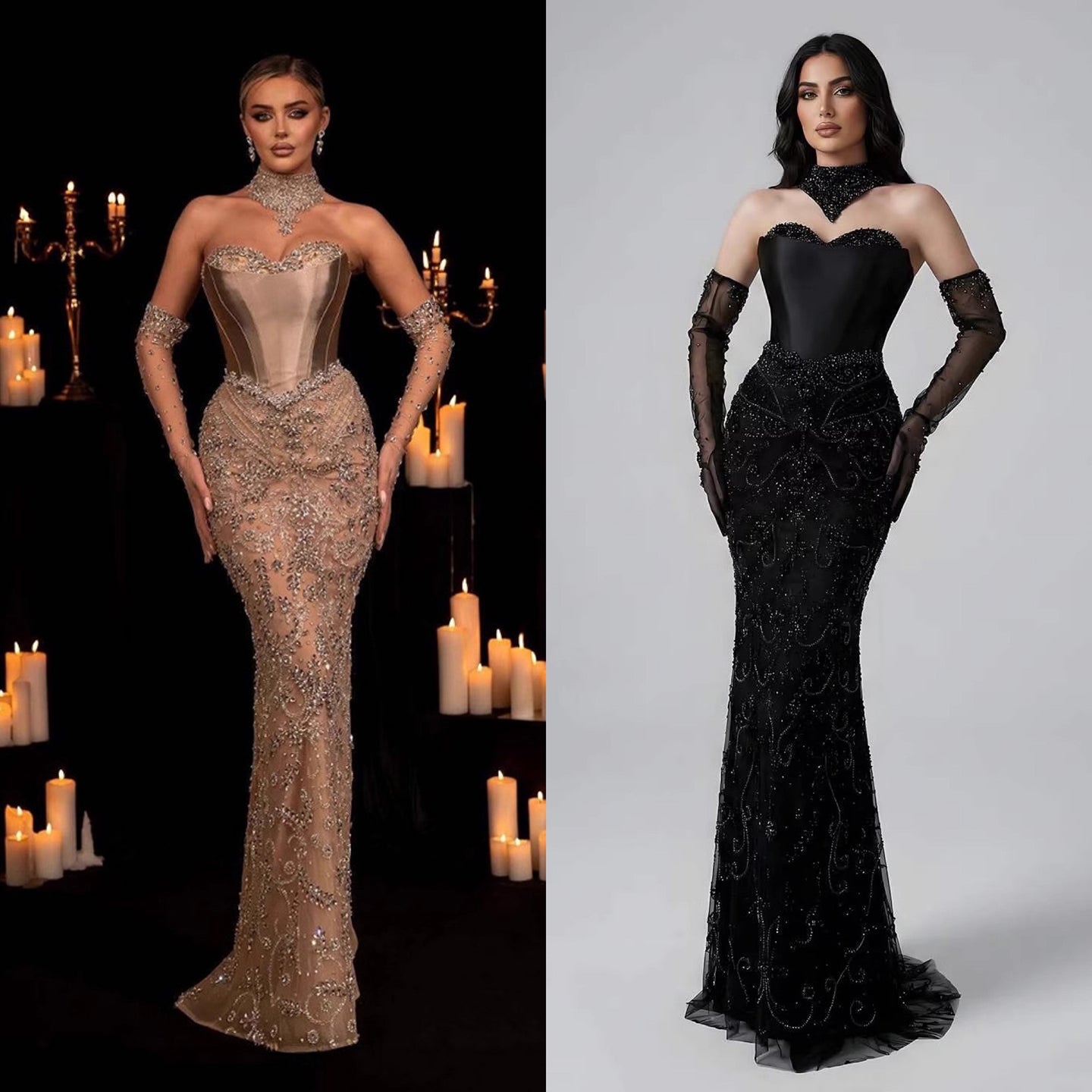 Luxury Beaded   Evening Dress Sheer Long Gloves LA72929