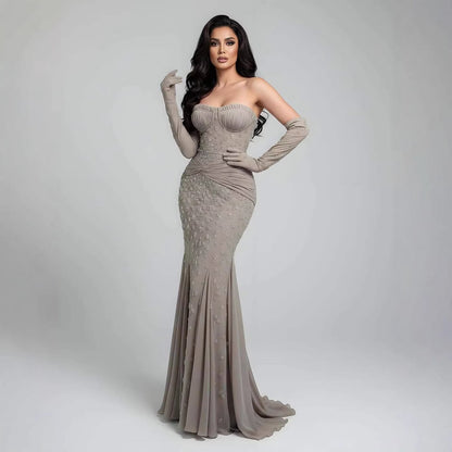 Luxuriöses türkisfarbenes, perlenbesetztes Abendkleid mit Handschuhen LA72933 