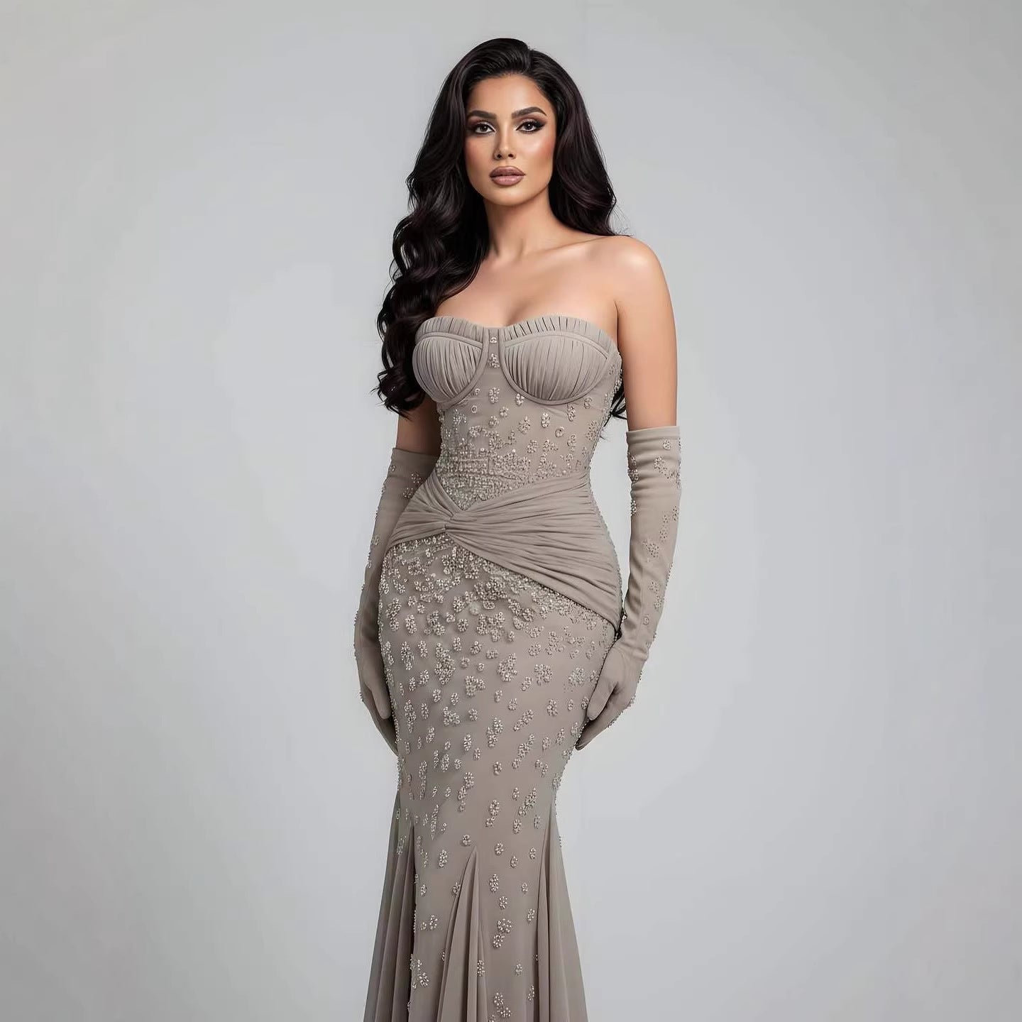 Luxuriöses türkisfarbenes, perlenbesetztes Abendkleid mit Handschuhen LA72933 