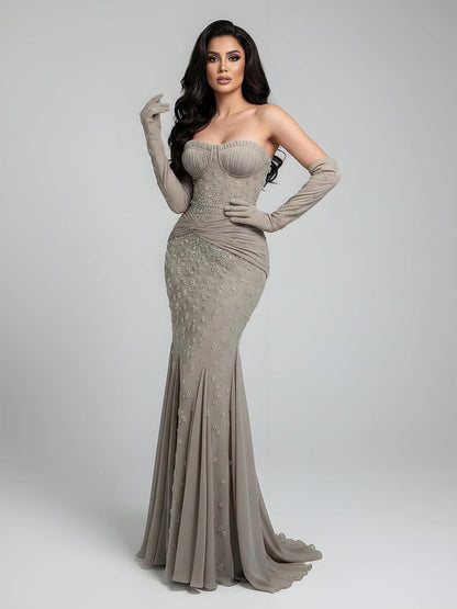 Luxuriöses türkisfarbenes, perlenbesetztes Abendkleid mit Handschuhen LA72933 