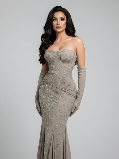 Luxuriöses türkisfarbenes, perlenbesetztes Abendkleid mit Handschuhen LA72933 