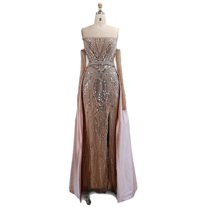 Luxury Wine Red Beaded Evening Dress Gown with Gloves and Overskirt LA72935