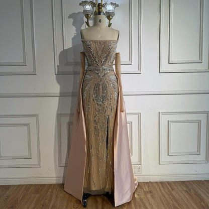 Luxury Wine Red Beaded Evening Dress Gown with Gloves and Overskirt LA72935