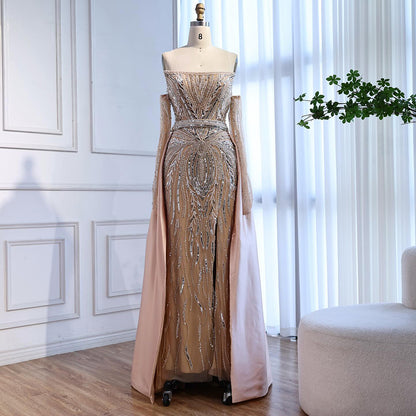 Luxury Wine Red Beaded Evening Dress Gown with Gloves and Overskirt LA72935