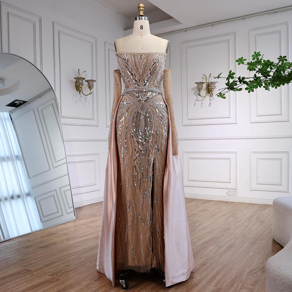 Luxury Wine Red Beaded Evening Dress Gown with Gloves and Overskirt LA72935