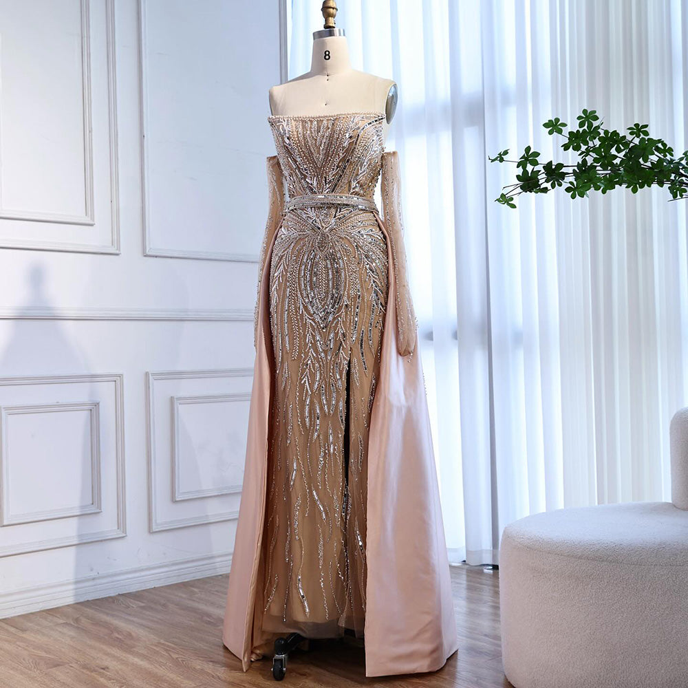 Luxury Wine Red Beaded Evening Dress Gown with Gloves and Overskirt LA72935