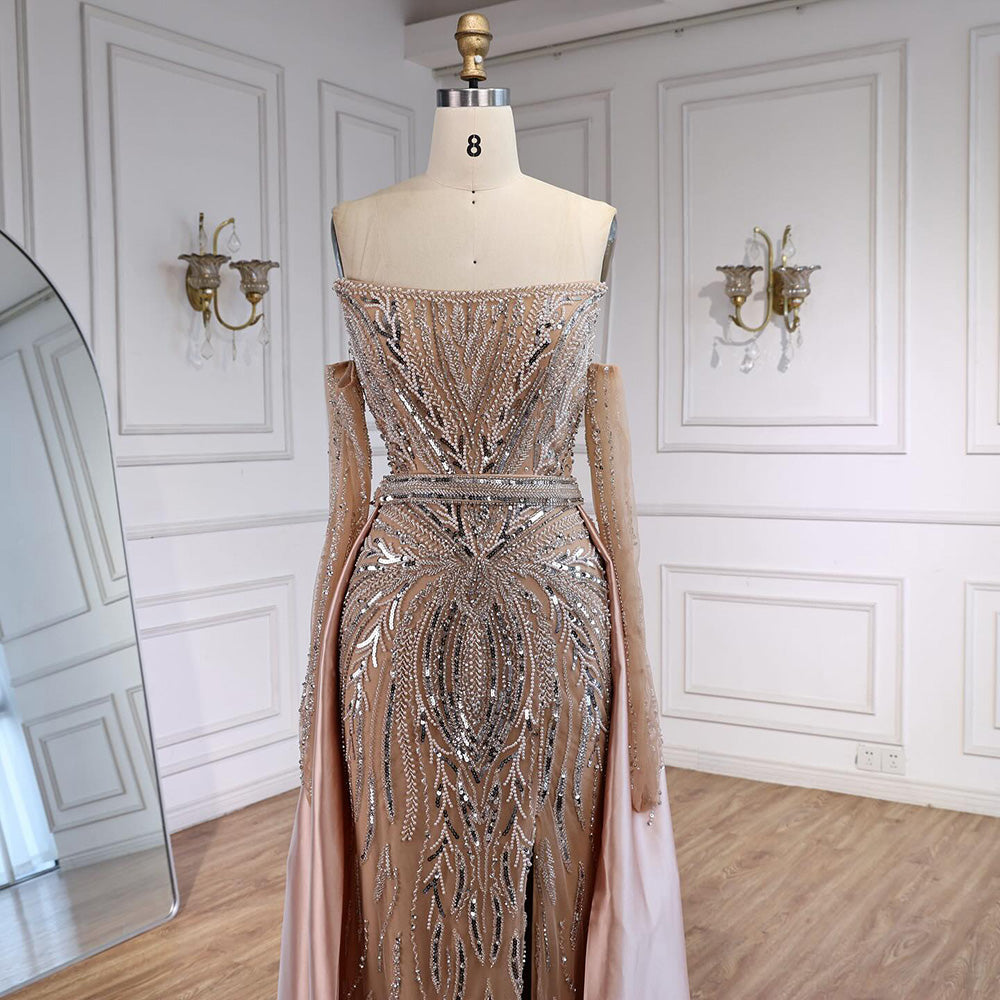 Luxury Wine Red Beaded Evening Dress Gown with Gloves and Overskirt LA72935