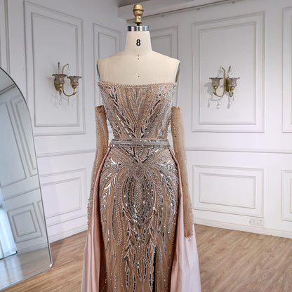 Luxury Wine Red Beaded Evening Dress Gown with Gloves and Overskirt LA72935