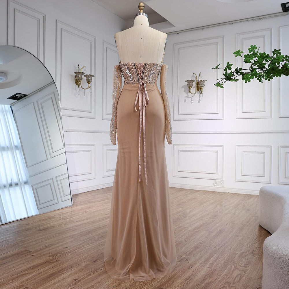 Luxury Wine Red Beaded Evening Dress Gown with Gloves and Overskirt LA72935