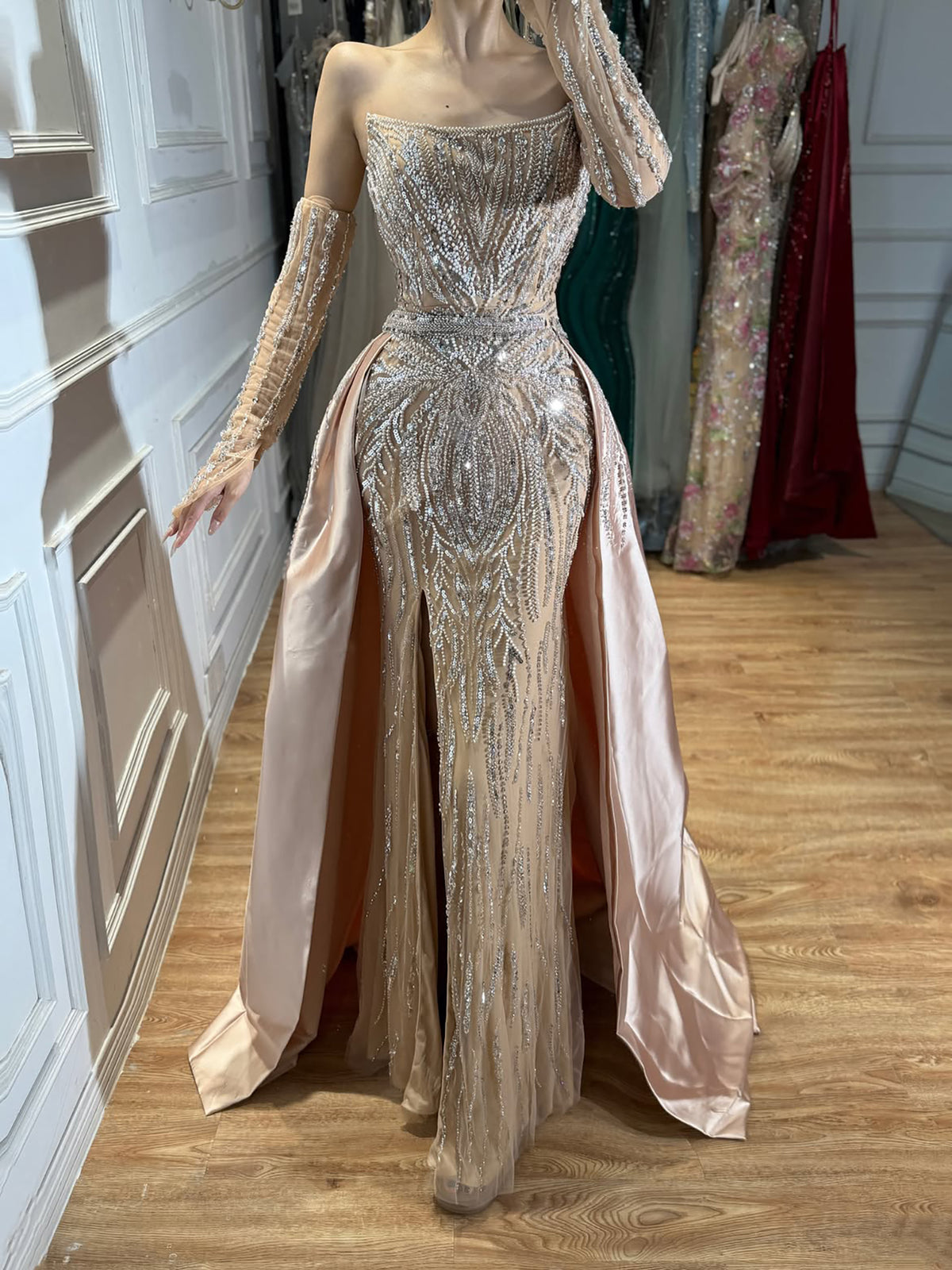 Luxury Wine Red Beaded Evening Dress Gown with Gloves and Overskirt LA72935