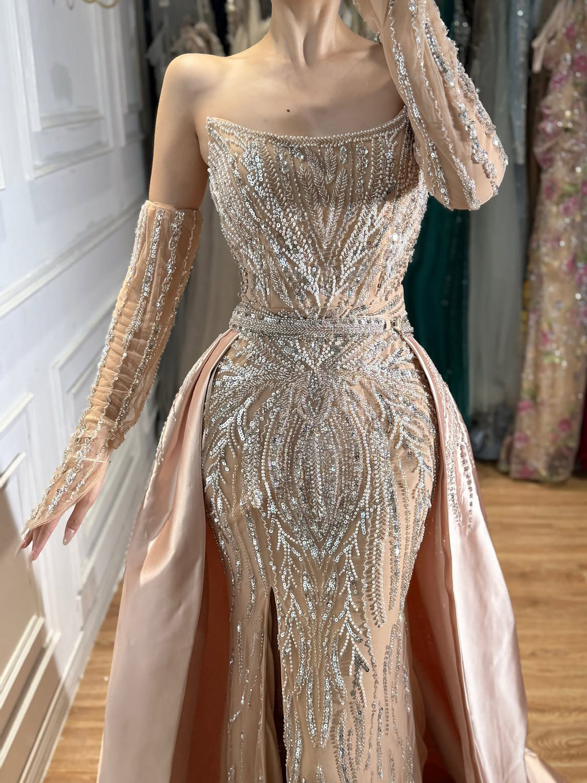 Luxury Wine Red Beaded Evening Dress Gown with Gloves and Overskirt LA72935
