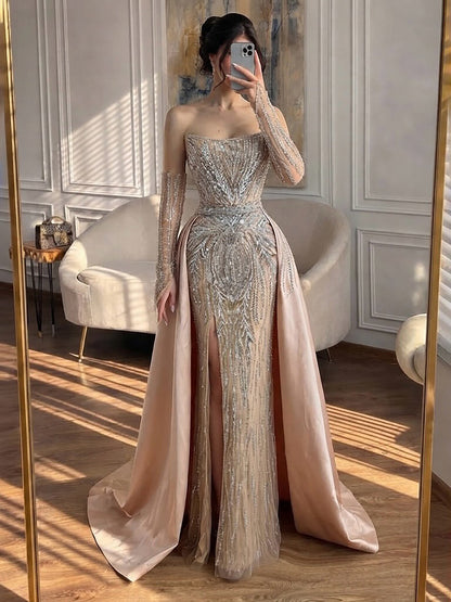 Luxury Wine Red Beaded Evening Dress Gown with Gloves and Overskirt LA72935