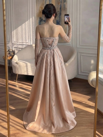Luxury Wine Red Beaded Evening Dress Gown with Gloves and Overskirt LA72935