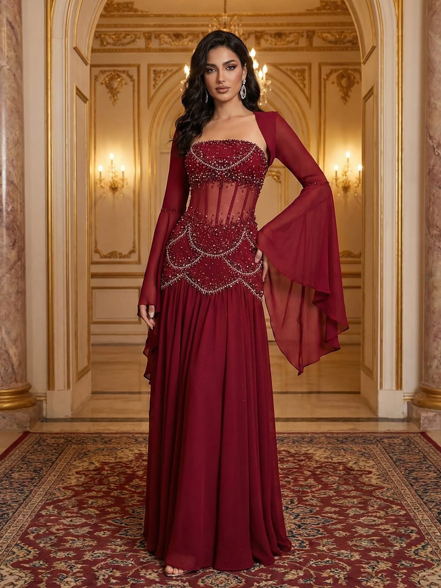 Luxury Blue Evening Dress with Pearls Tassels and Flowing Coat LA72978A