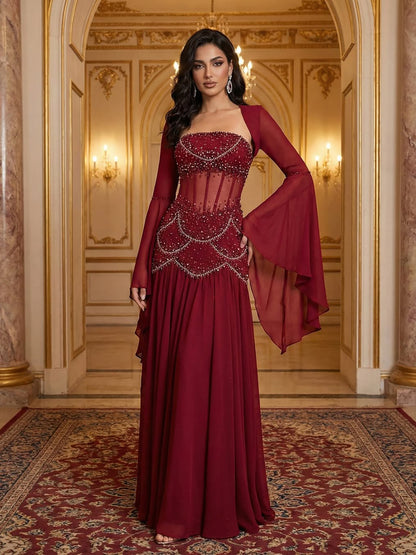 Luxury Blue Evening Dress with Pearls Tassels and Flowing Coat LA72978A