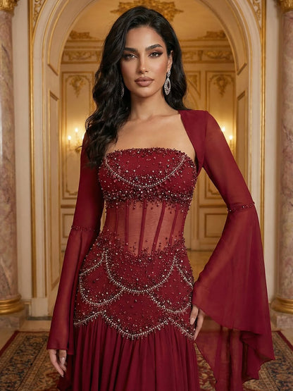 Luxury Blue Evening Dress with Pearls Tassels and Flowing Coat LA72978A