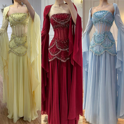 Luxury Blue Evening Dress with Pearls Tassels and Flowing Coat LA72978A