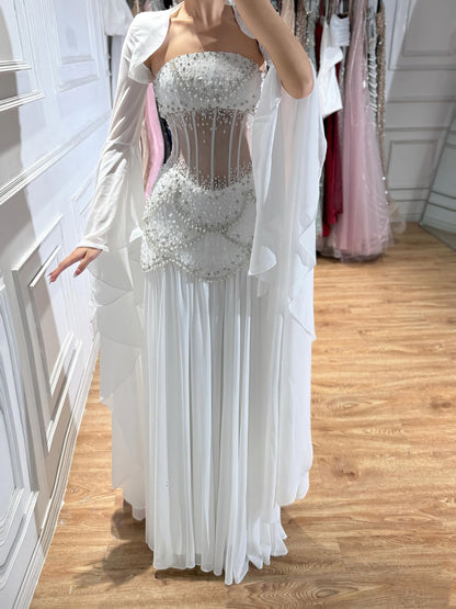 Luxury Blue Evening Dress with Pearls Tassels and Flowing Coat LA72978A