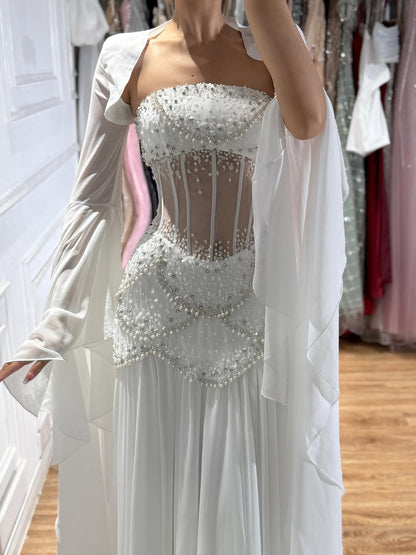 Luxury Blue Evening Dress with Pearls Tassels and Flowing Coat LA72978A
