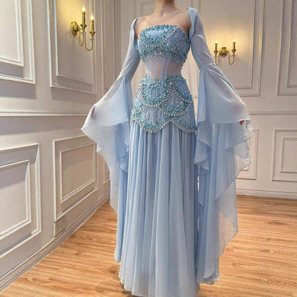 Luxury Blue Evening Dress with Pearls Tassels and Flowing Coat LA72978A