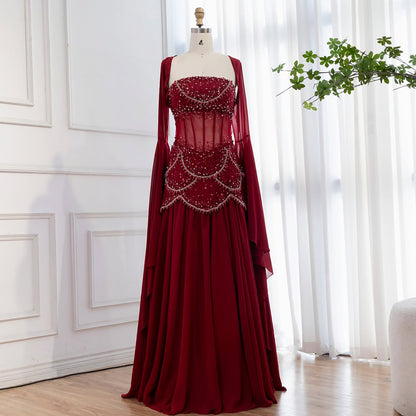 Luxury Blue Evening Dress with Pearls Tassels and Flowing Coat LA72978A