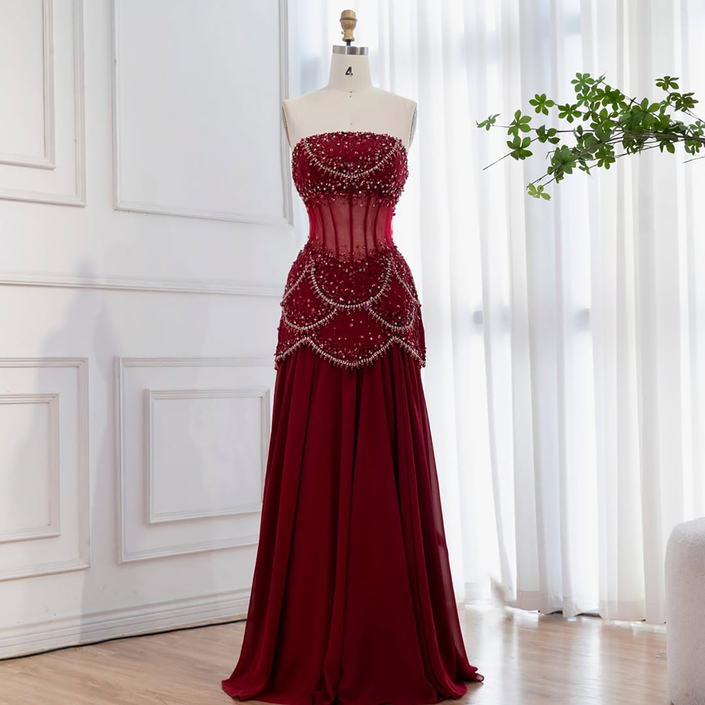 Luxury Blue Evening Dress with Pearls Tassels and Flowing Coat LA72978A