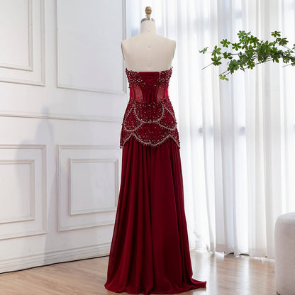 Luxury Blue Evening Dress with Pearls Tassels and Flowing Coat LA72978A