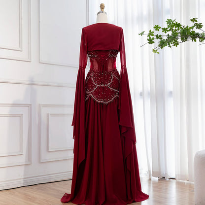 Luxury Blue Evening Dress with Pearls Tassels and Flowing Coat LA72978A