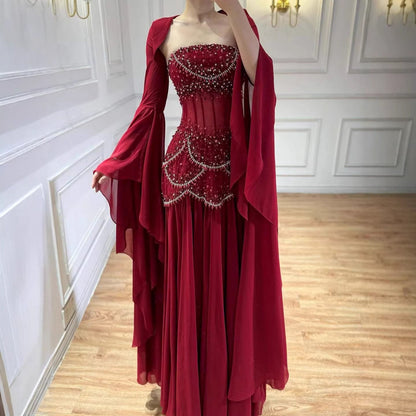 Luxury Blue Evening Dress with Pearls Tassels and Flowing Coat LA72978A