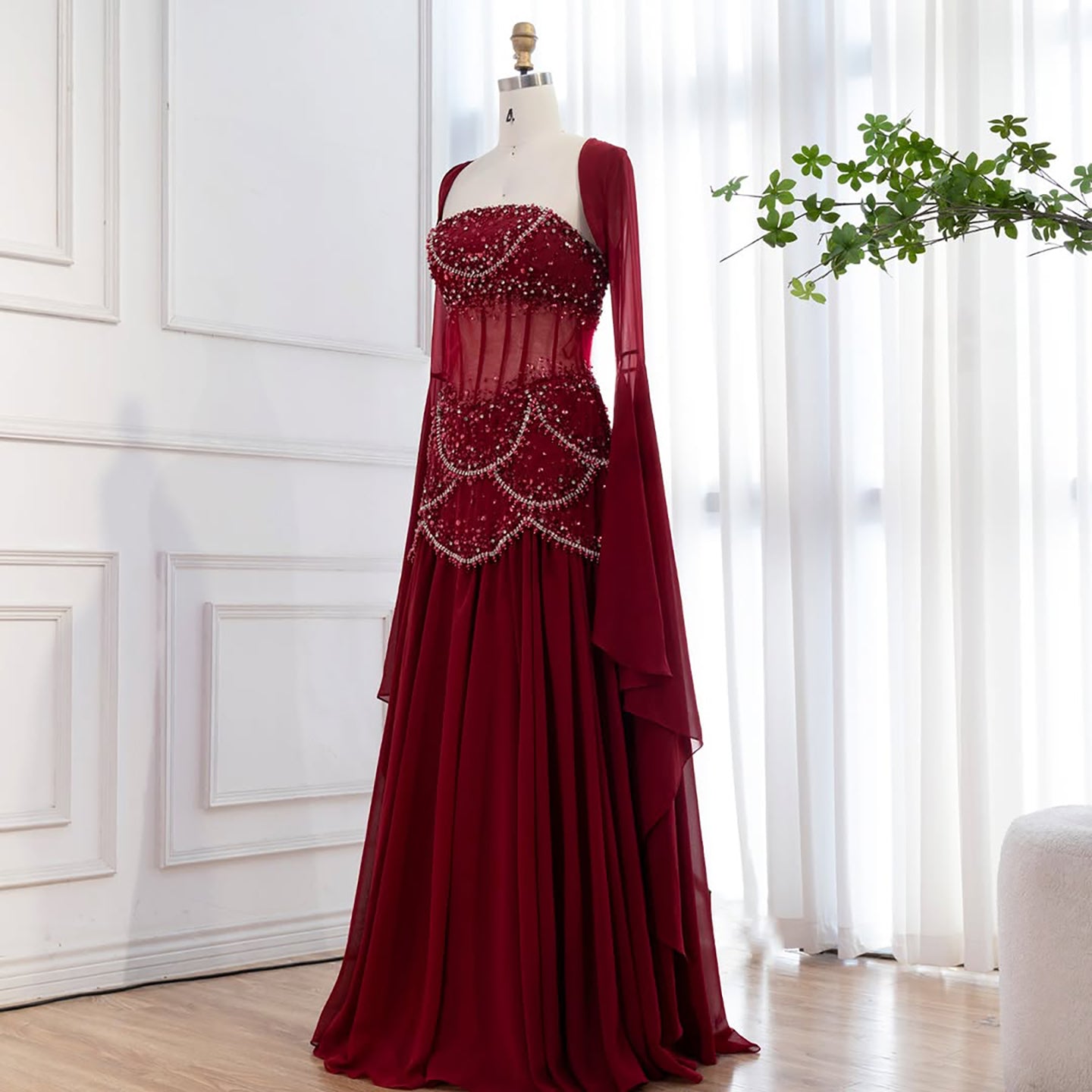 Luxury Blue Evening Dress with Pearls Tassels and Flowing Coat LA72978A