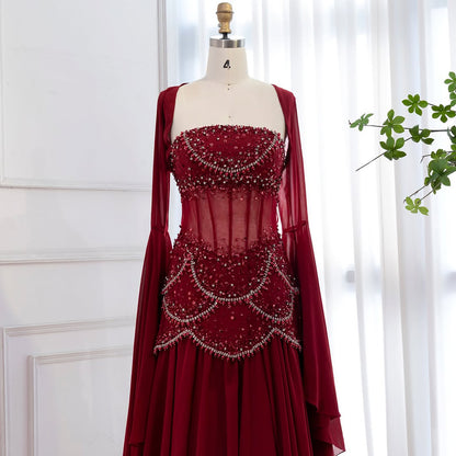 Luxury Blue Evening Dress with Pearls Tassels and Flowing Coat LA72978A