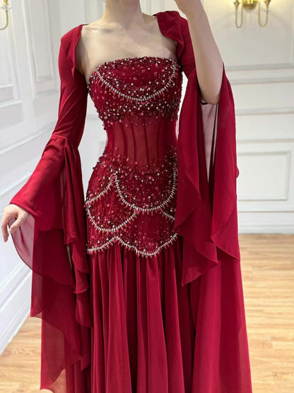 Luxury Blue Evening Dress with Pearls Tassels and Flowing Coat LA72978A