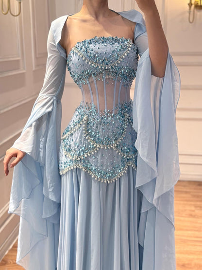 Luxury Blue Evening Dress with Pearls Tassels and Flowing Coat LA72978A