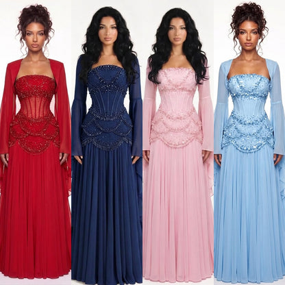 Luxury Pink Beaded A Line Dress with Chiffon Cape Sleeves LA72978B