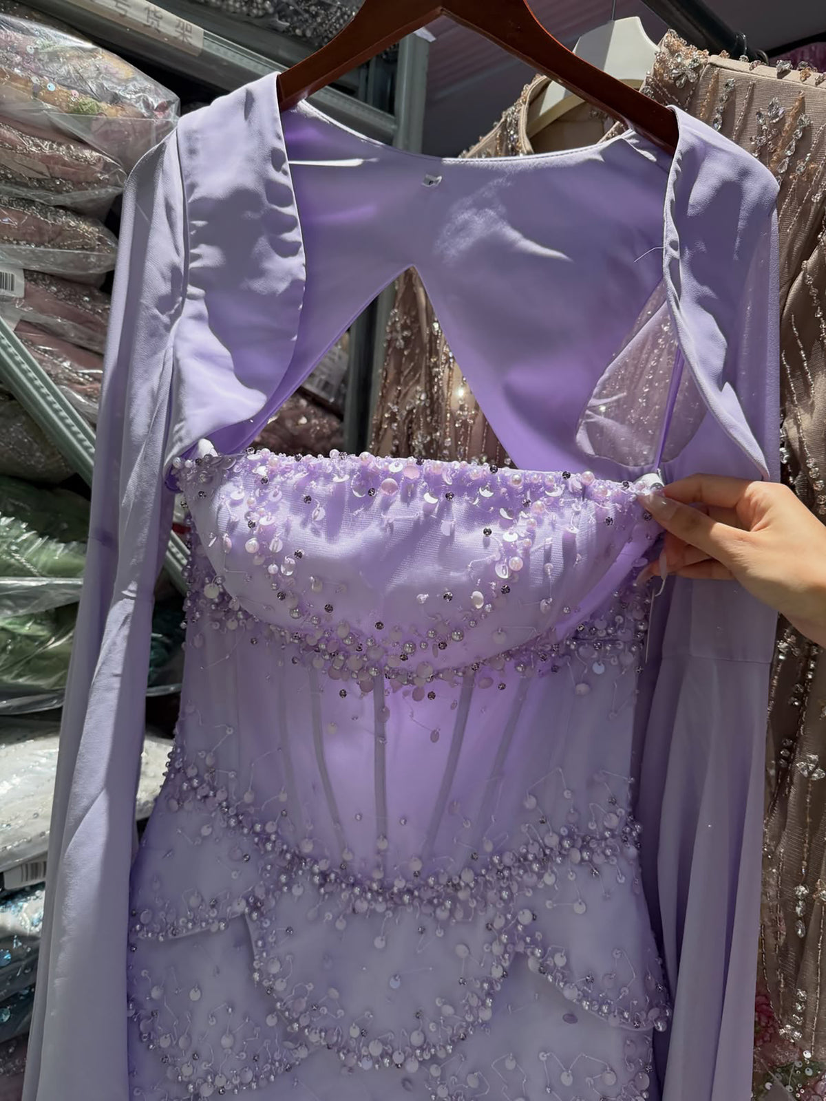 Luxury Pink Beaded A Line Dress with Chiffon Cape Sleeves LA72978B