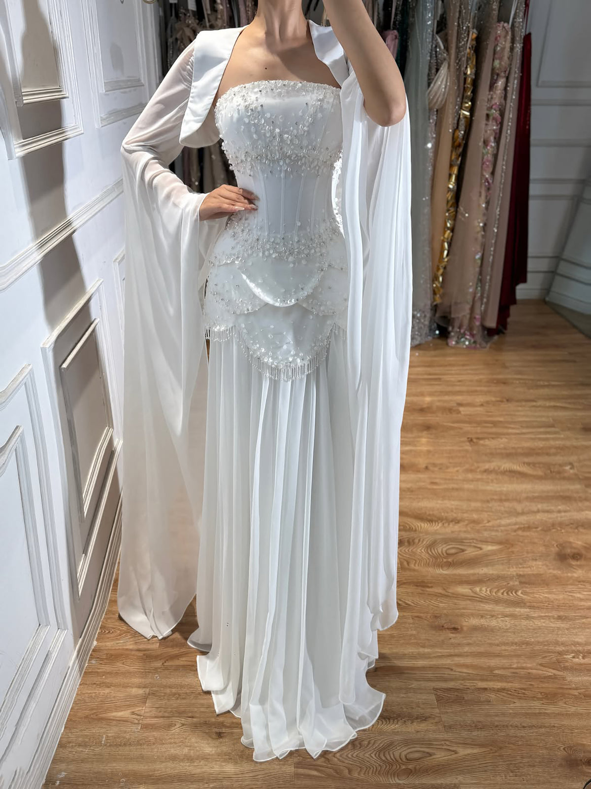 Luxury Pink Beaded A Line Dress with Chiffon Cape Sleeves LA72978B
